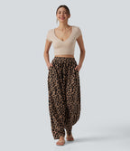 Jogging casual fluide gaufré imprimé léopard taille haute avec poches