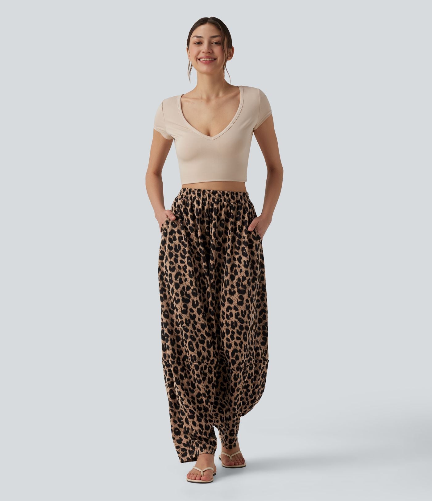 Jogging casual fluide gaufré imprimé léopard taille haute avec poches