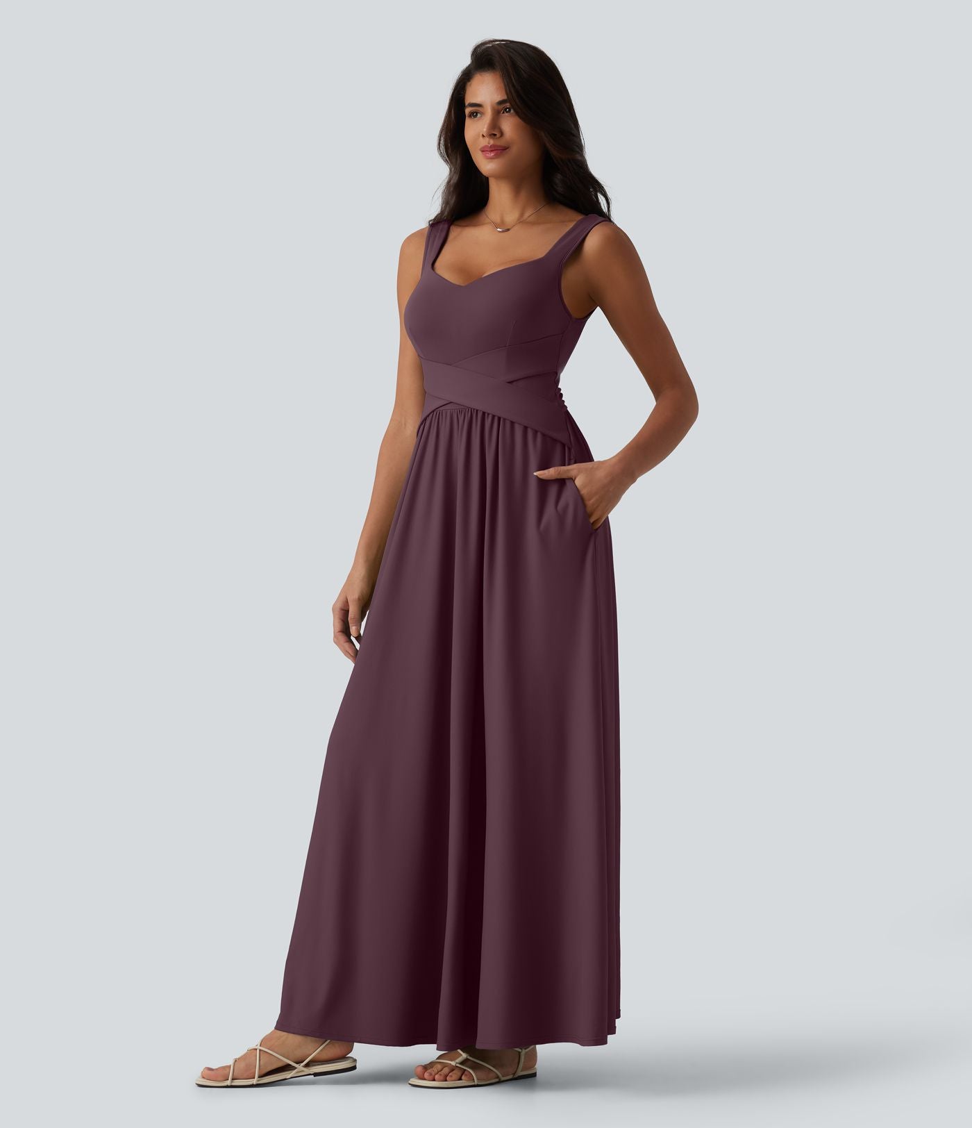 Robe longue fluide sans manches avec brassière intégrée (Bonnets E-G) et poches