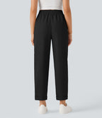 Pantalon décontracté fuselé effet lin taille haute infroissable avec cordon et poches