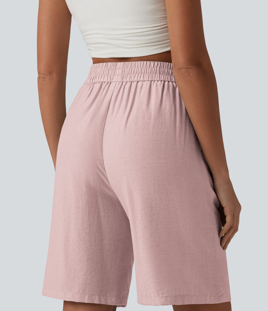 Short décontracté taille haute en lin mélangé avec cordon de serrage et poches, 25 cm