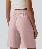 Short décontracté taille haute en lin mélangé avec cordon de serrage et poches, 25 cm