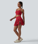 Jupe de danse mini 2-en-1 en mesh respirant à volants et ourlet asymétrique taille haute avec poches