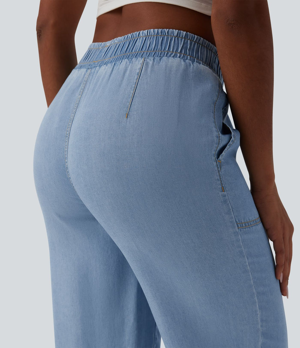 Jogging casual denim en lyocell drapé taille mi-haute avec poches