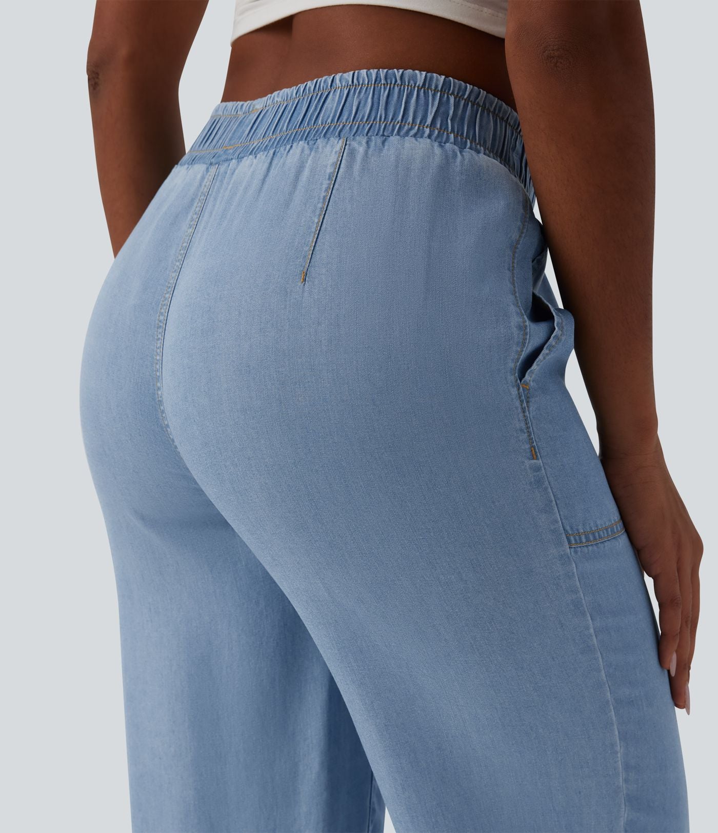 Jogging casual denim en lyocell drapé taille mi-haute avec poches