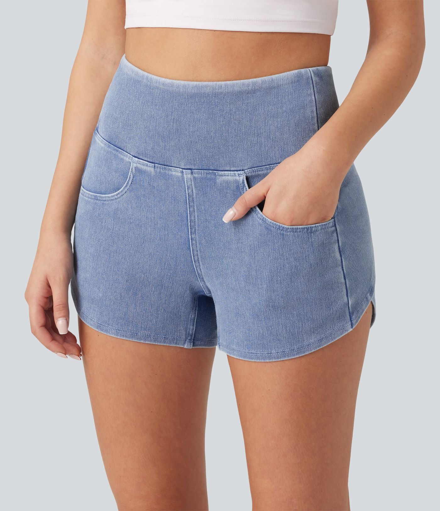 Halara Flex™ Short casual en jean skinny gainant taille haute à ourlet arrondi avec poches