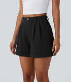 Short décontracté gaufré à taille haute, fermeture zippée, bouton et poches latérales