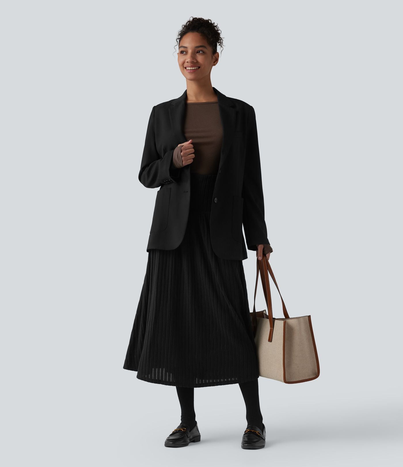 Jupe tailleur midi trapèze taille haute en maille côtelée