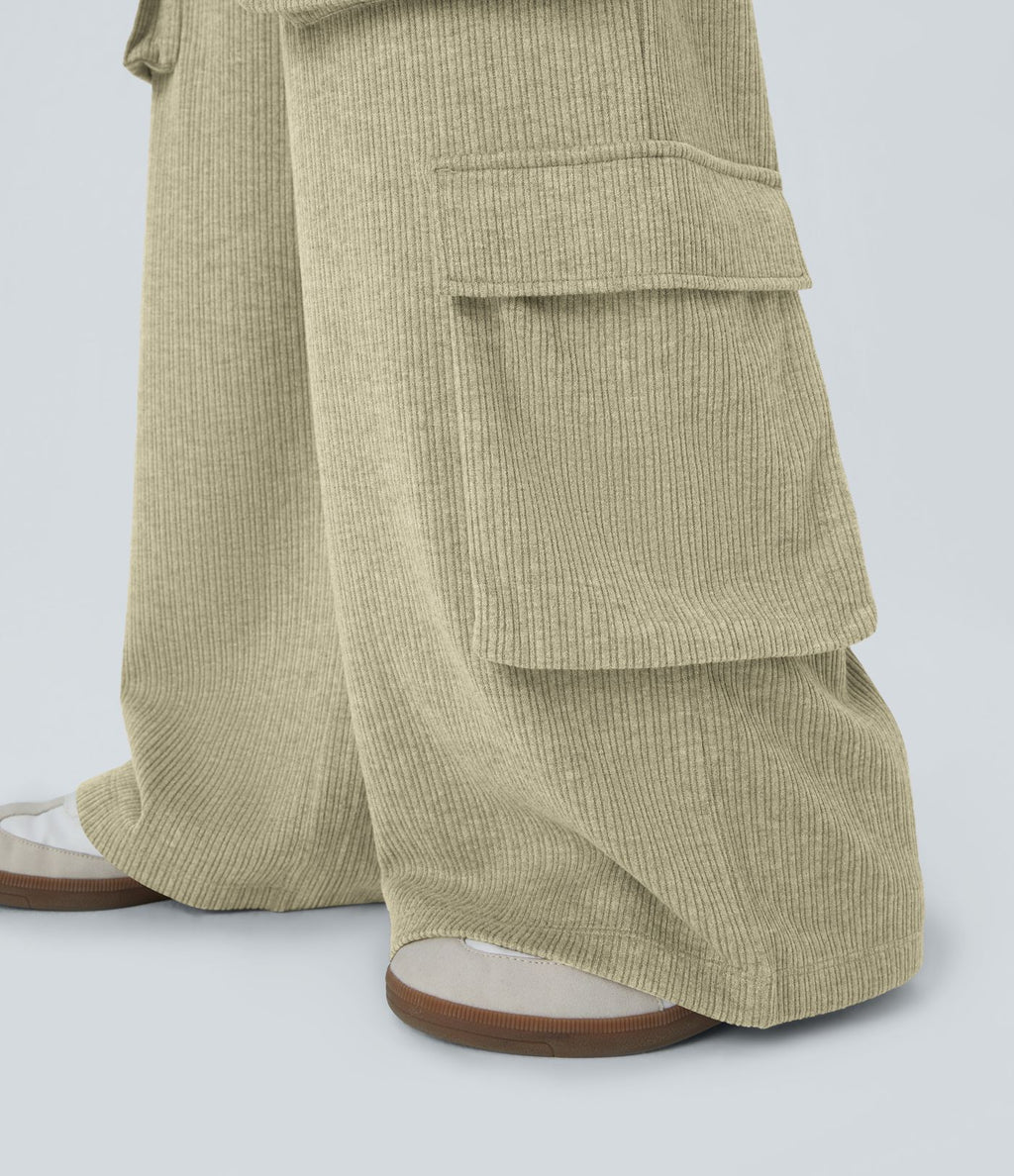 Pantalon cargo décontracté large à cordon côtelé, taille mi-haute, avec poches