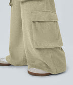 Pantalon cargo décontracté large à cordon côtelé, taille mi-haute, avec poches