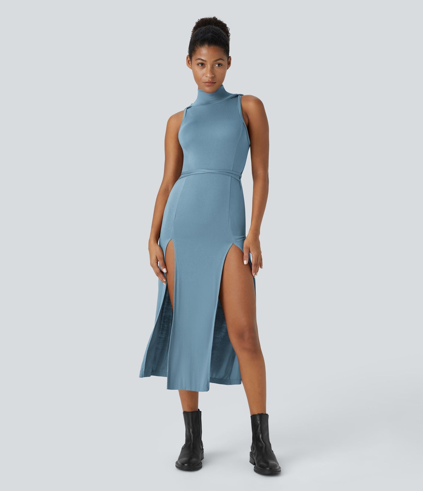 Robe Casual Midi 2 Pièces Capuche Col Montant Sans Manches Fendue avec Découpe Dos Nœud Côtelée