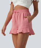 Short ample vacances taille haute cordon de serrage ourlet à volants aspect lin avec poches
