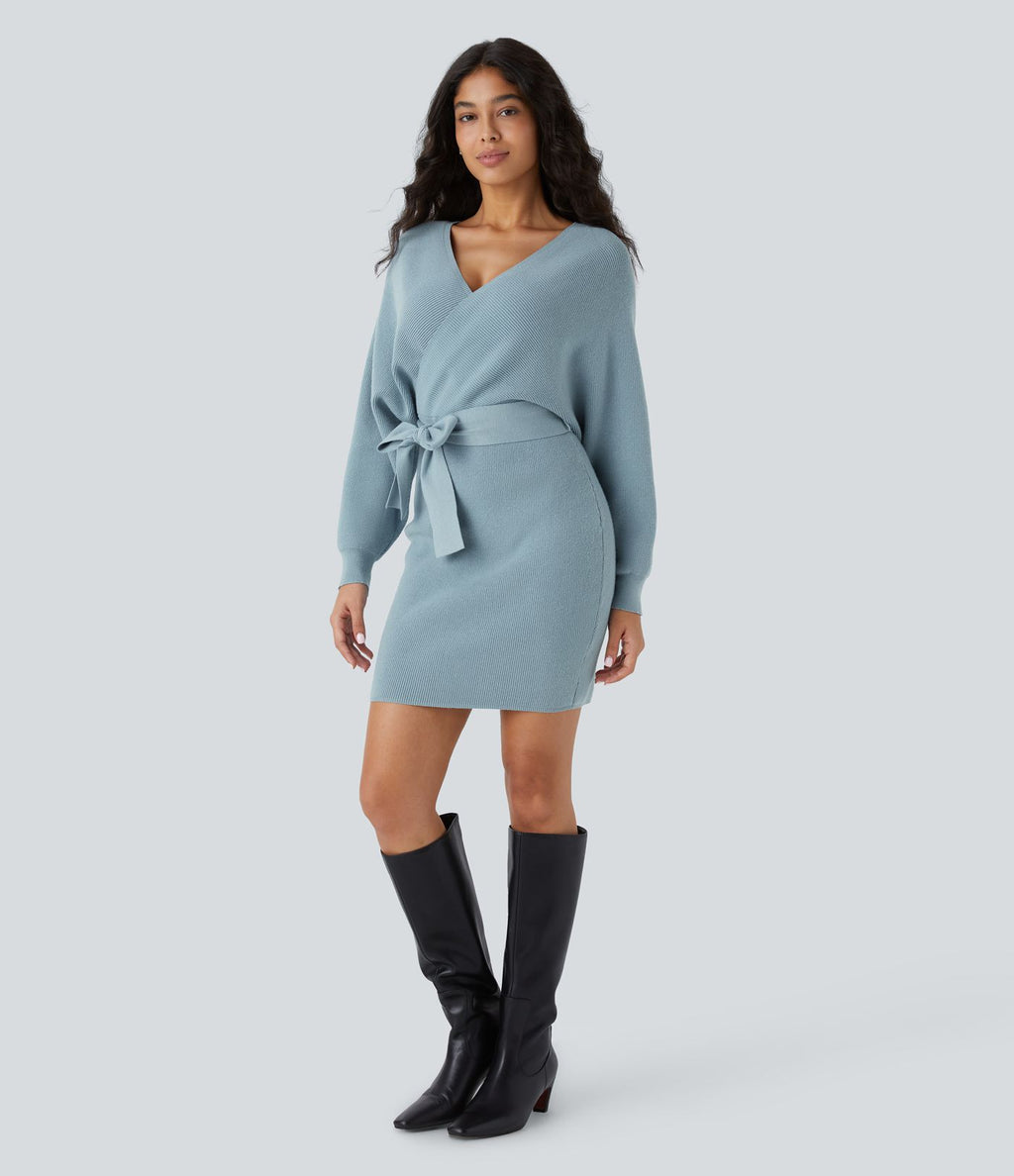 Robe-pull courte décontractée à col V croisé, manches chauve-souris longues et ceinture
