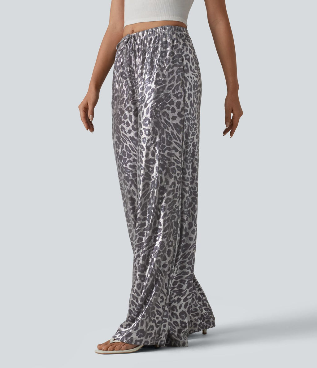 Pantalon leopard large décontracté taille mi-haute avec cordon de serrage et poches