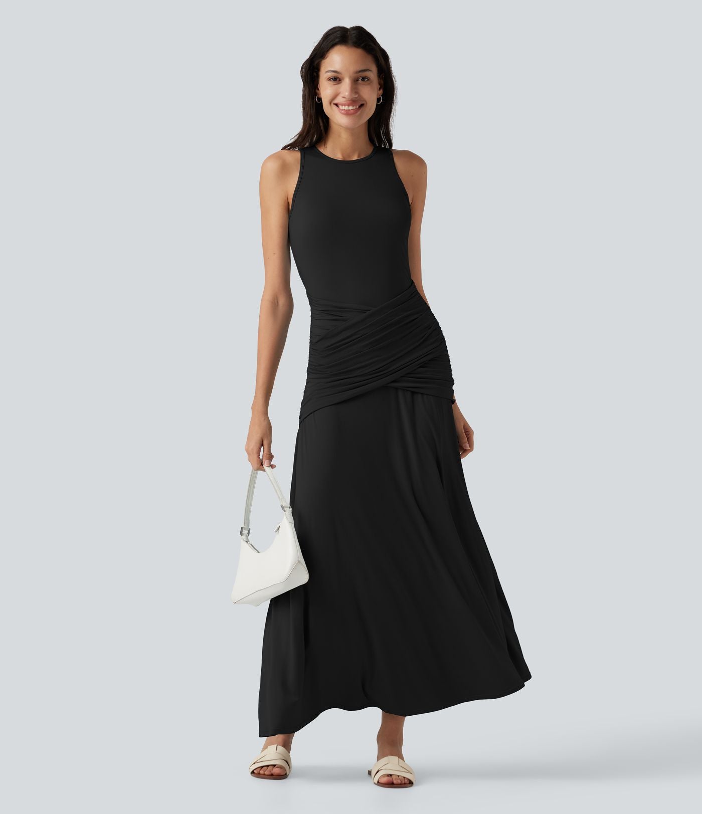 Robe maxi casual fluide sans manches col rond avec fronces et taille croisée