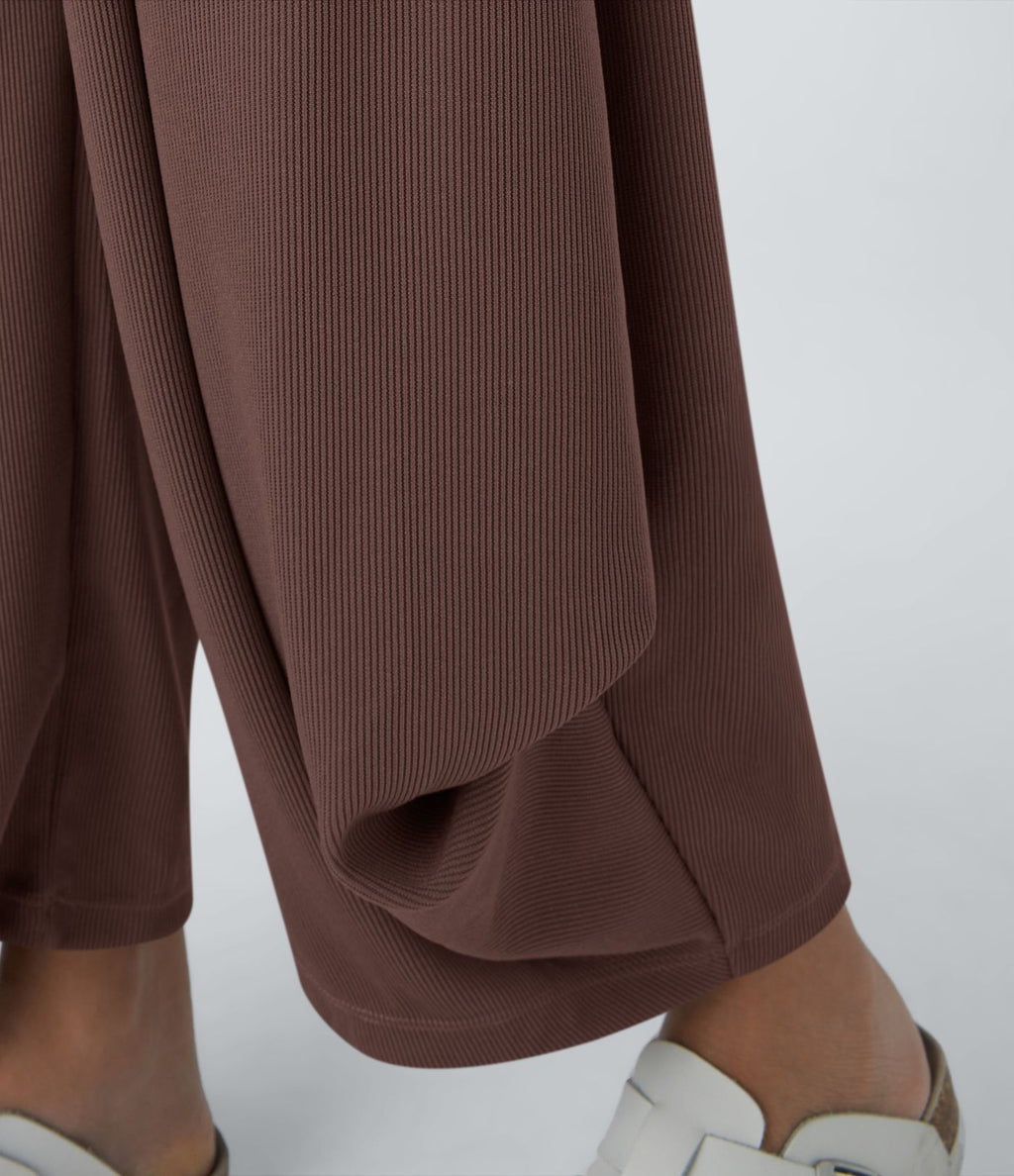 Pantalon décontracté harem uni côtelé, taille haute, avec poches