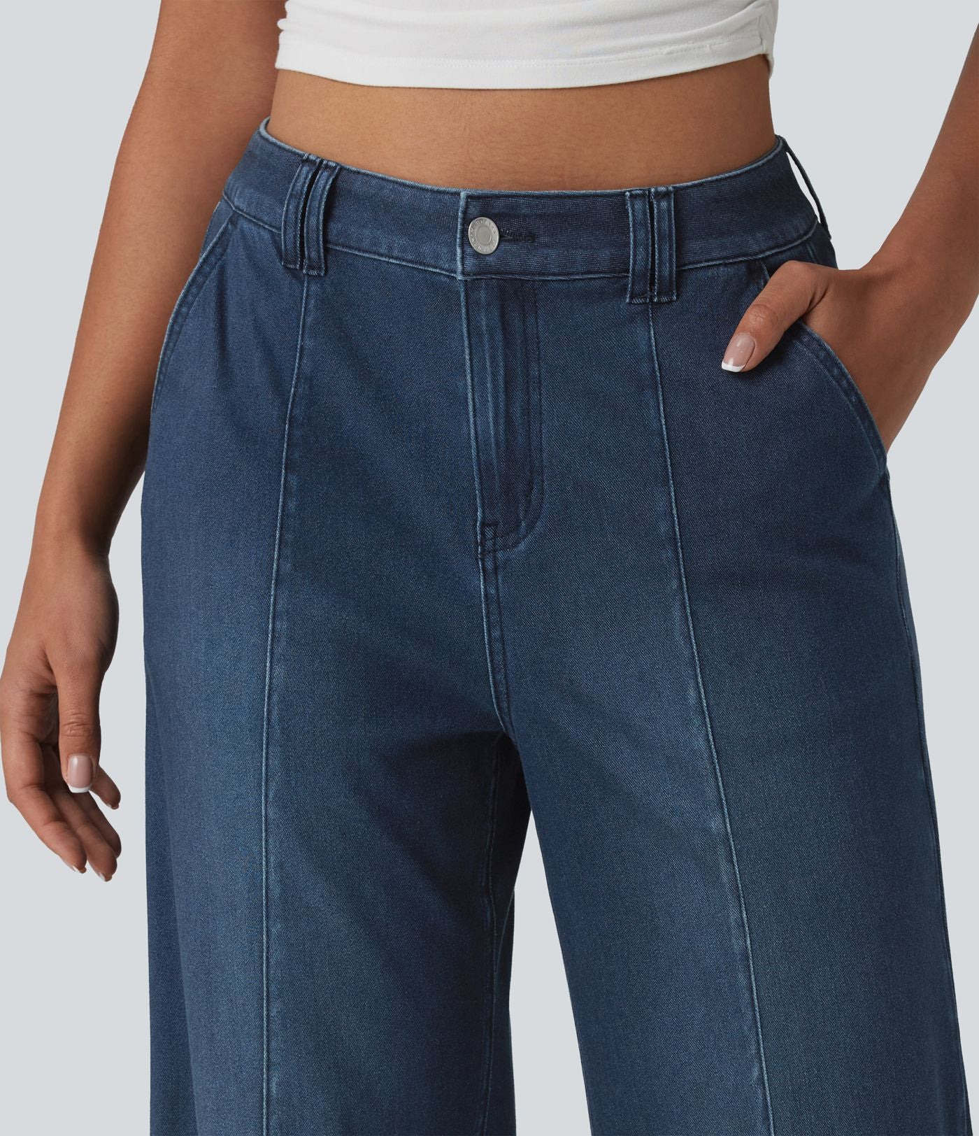 Halara Flex™ Jean large casual baggy taille mi-haute en lyocell drapé effet délavé, ourlet ajustable et poches