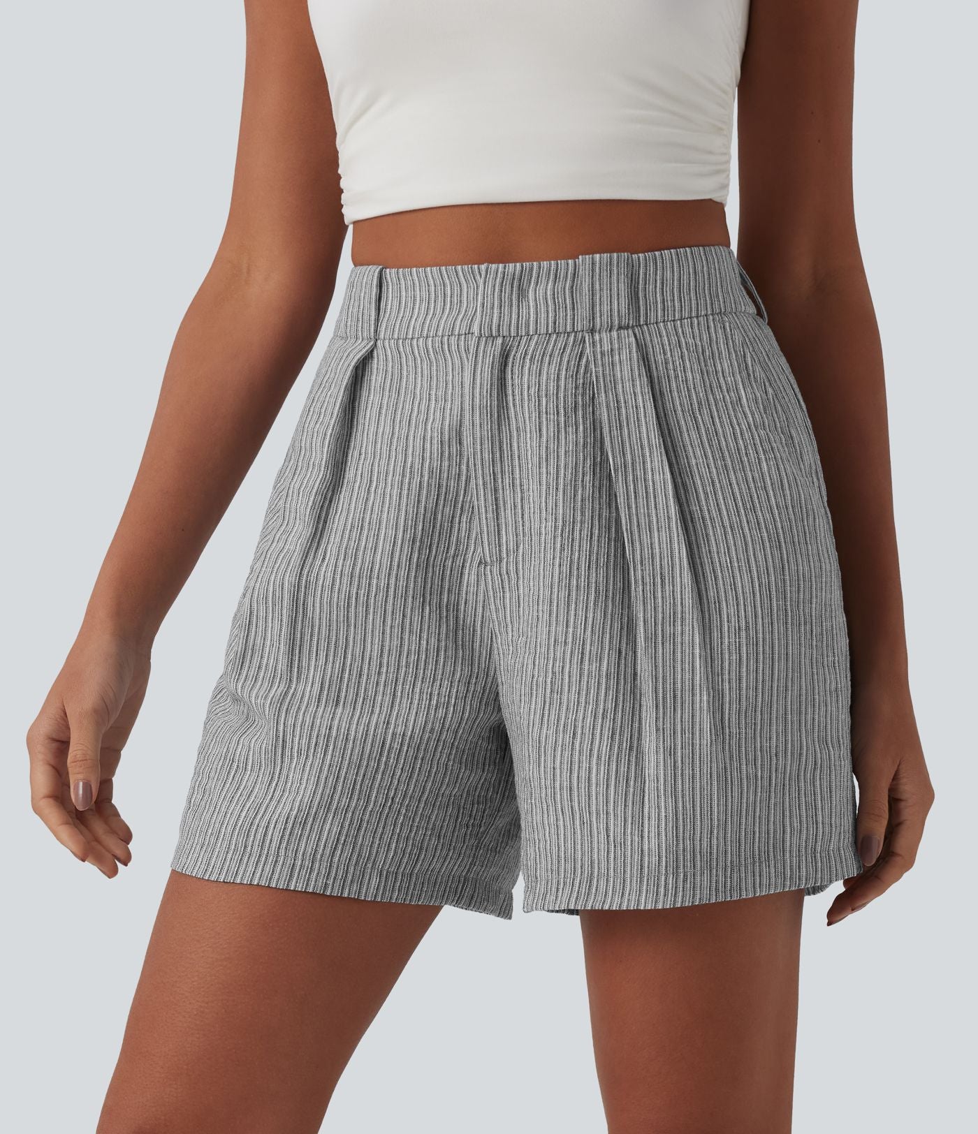 Short casual large aspect lin taille haute avec poches