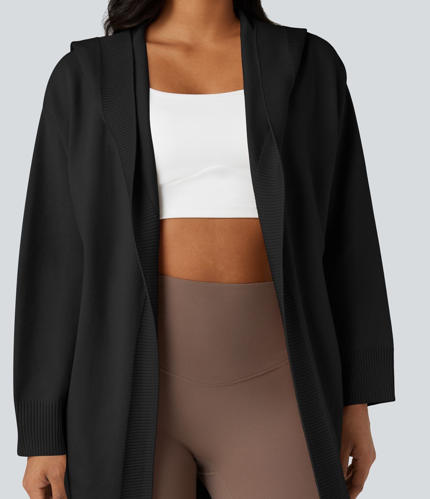 Cardigan long à capuche manches longues avec poches