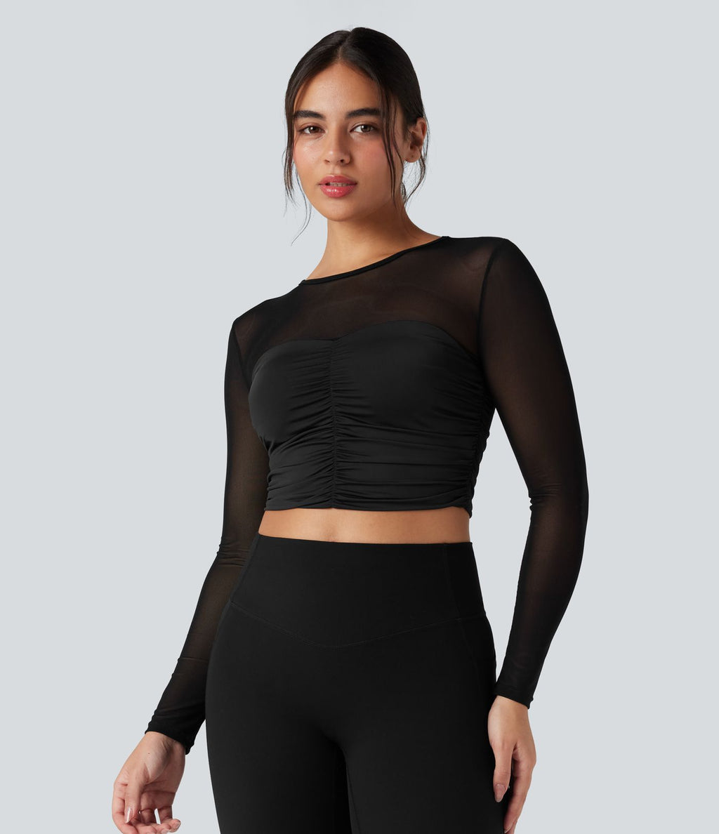 Top de sport yoga col rond manches longues froncé avec mesh contrastant