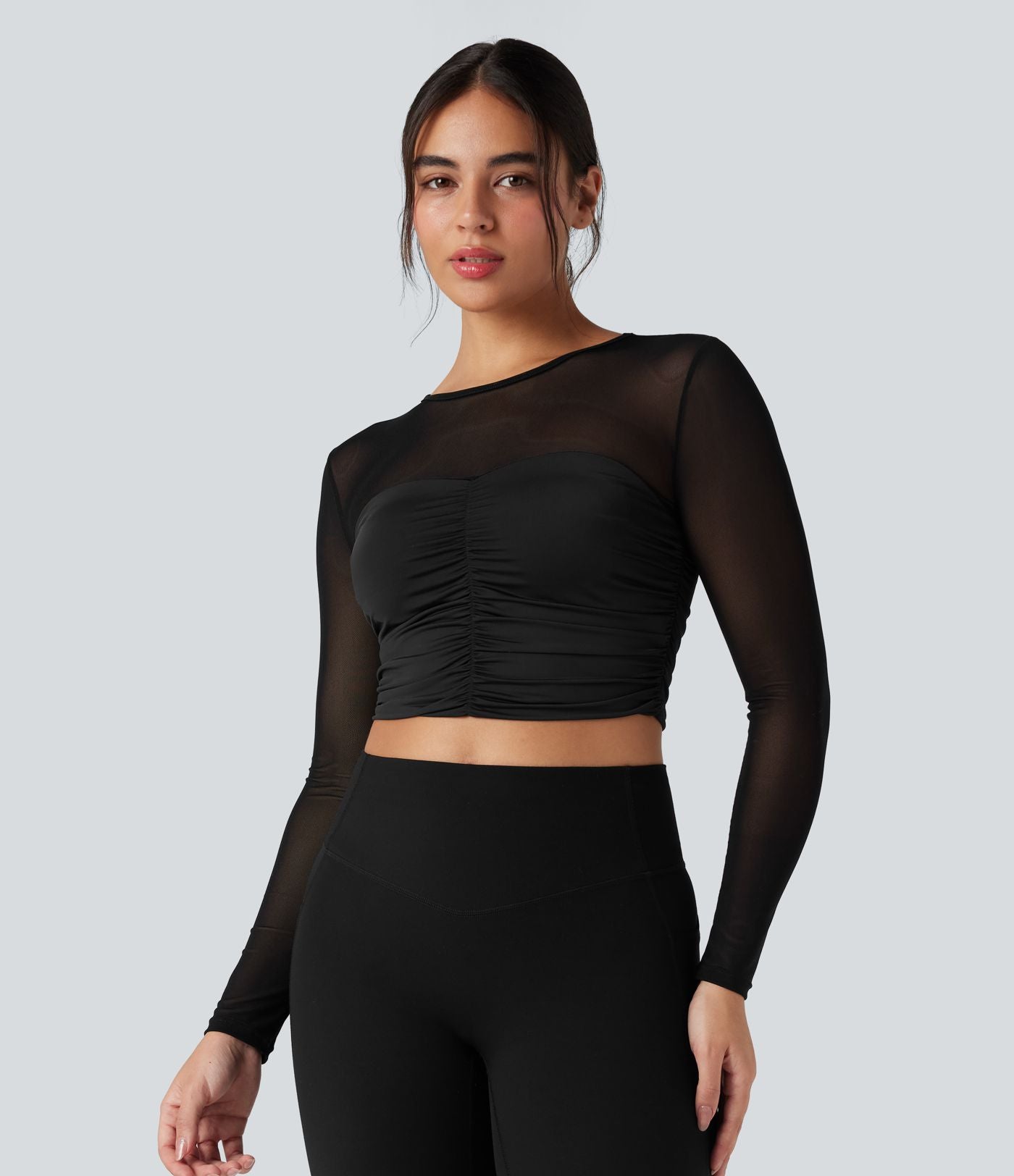 Top de sport yoga col rond manches longues froncé avec mesh contrastant