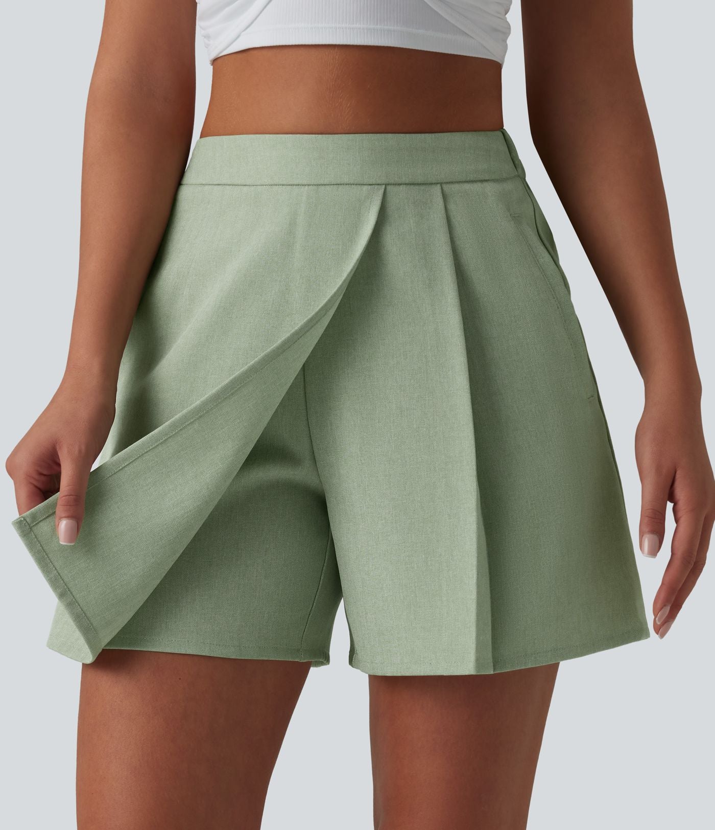 Jupe-short plissée taille haute casual infroissable aspect lin avec poches