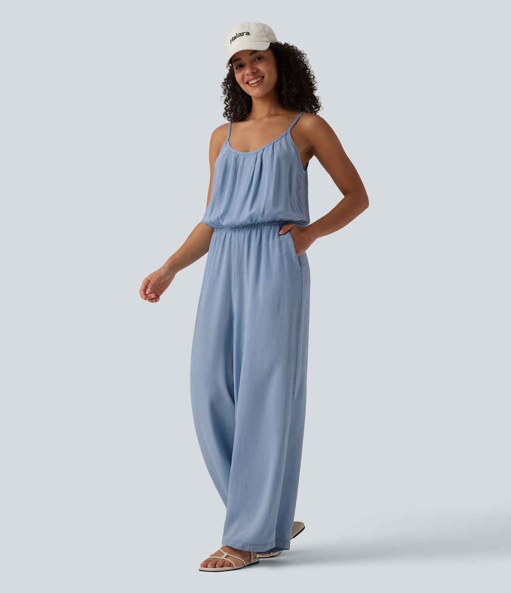 Combinaison en jean casual en lyocell à jambes larges avec poches, style enfilable