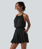 Combishort casual plissé col licou sans manches avec dos à nouer et poches – Easy Peasy