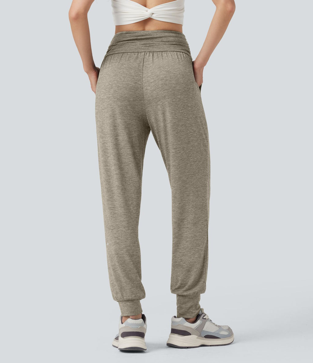 Jogging taille haute froncé chiné avec poches
