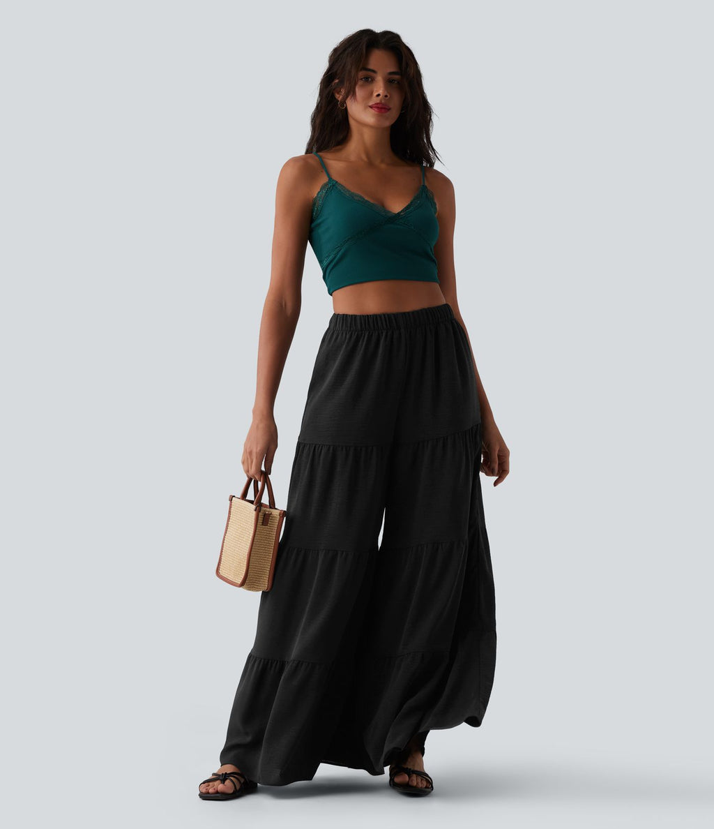 Pantalon large fluide taille haute aspect lin avec poches