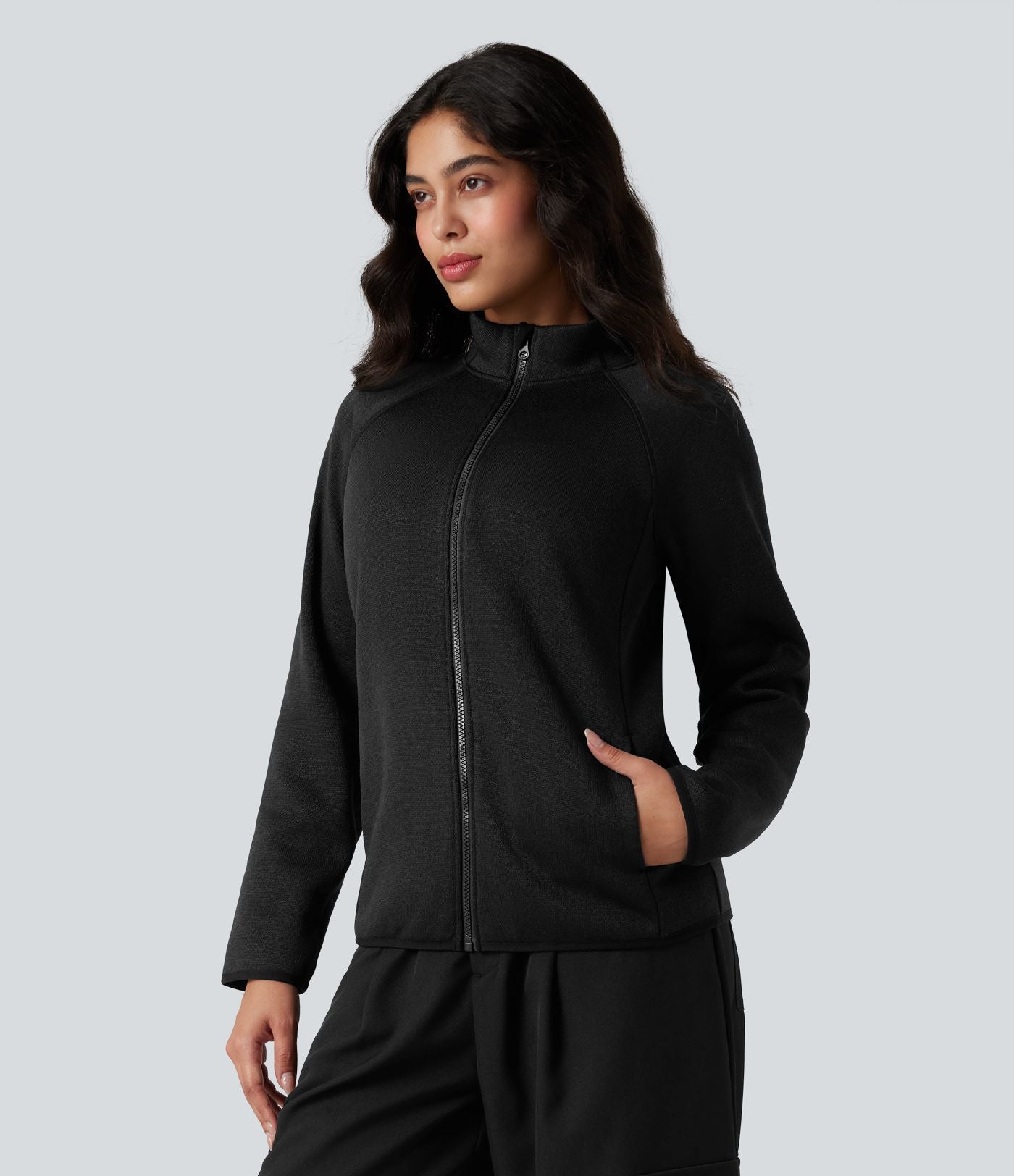 Veste polaire de randonnée chiné col montant manches longues avec fermeture éclair et poches