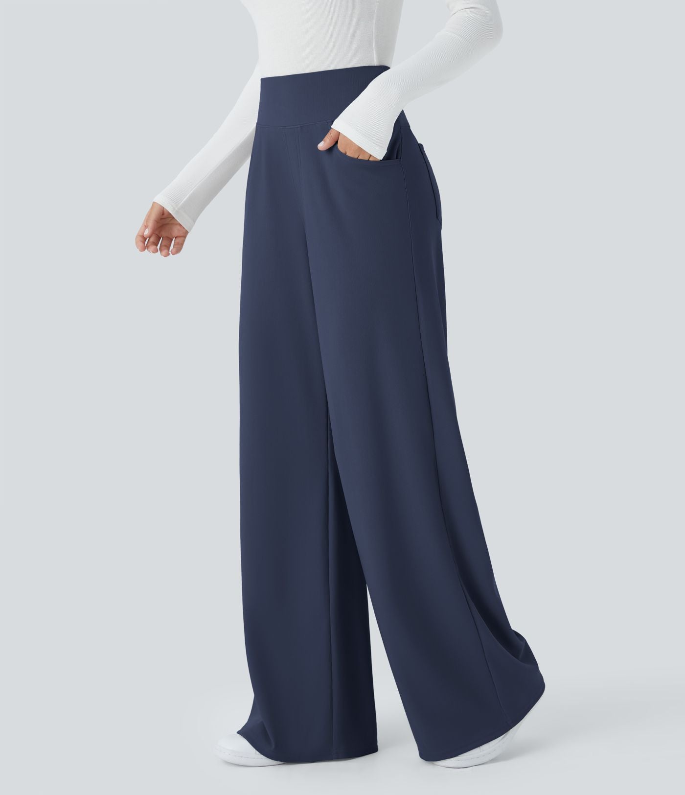 Pantalon tailleur large gainant taille haute en micro-gaufré avec poches Halara Flex™