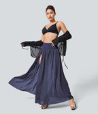 Jupe Casual Taille Haute Maxi Fluide Mesh Fente Plissée 2 en 1