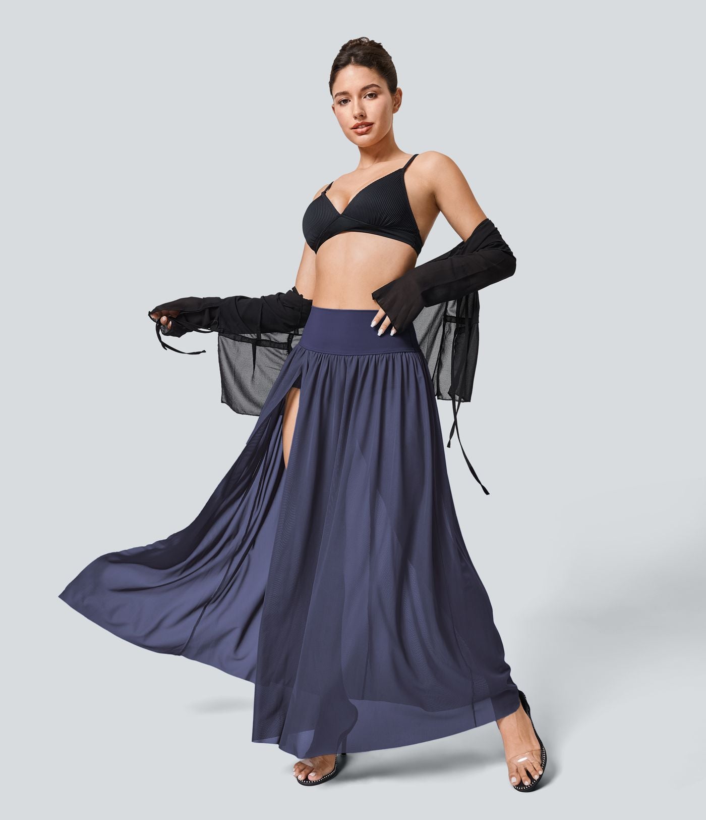 Jupe Casual Taille Haute Maxi Fluide Mesh Fente Plissée 2 en 1