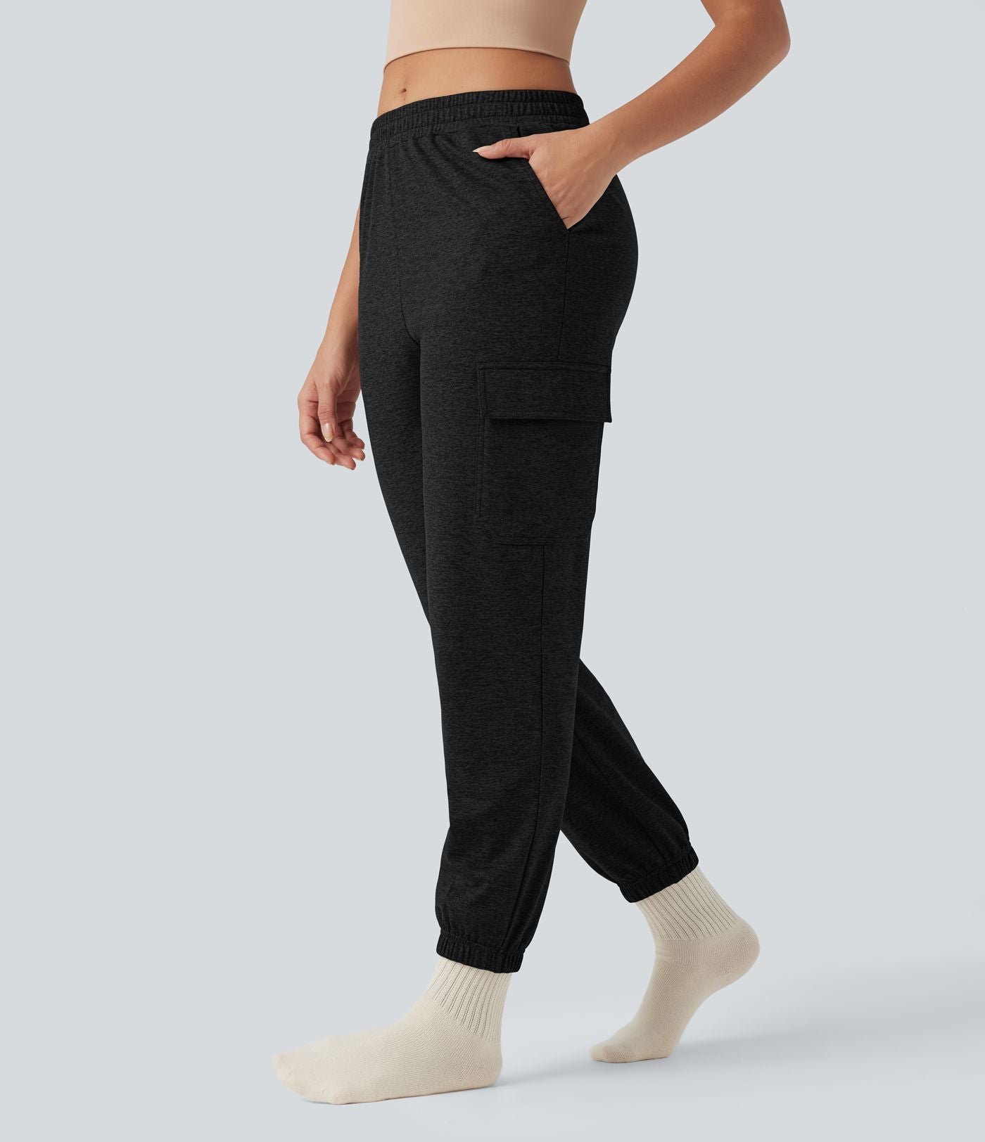 Jogging jogging cargo thermique décontraction taille mi-haute séchage rapide chiné avec poches - UPF40+