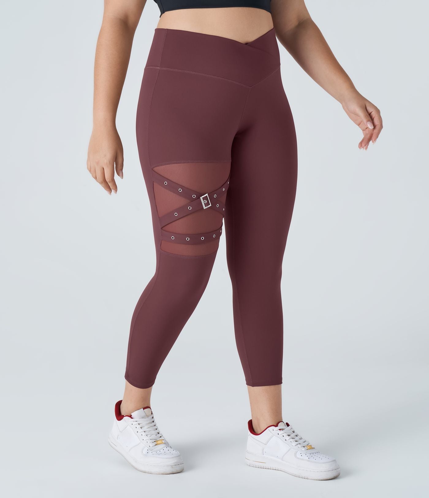 Legging yoga grande taille croisé taille haute avec mesh contrastant et boucle décorative DayStretch