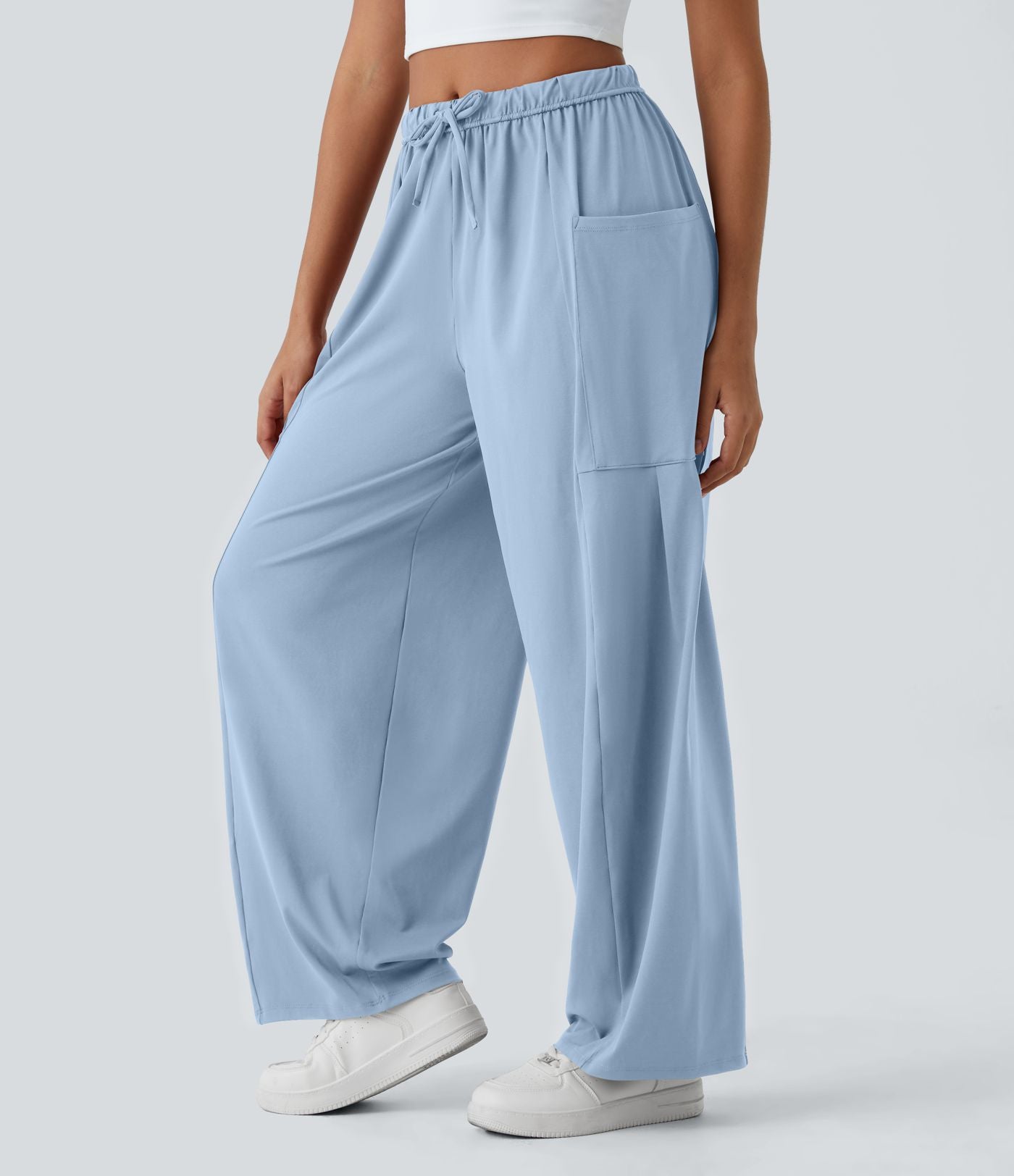Pantalon Large Fluide Taille Mi-Haute Taille Élastique Cordon Poches Latérales Ourlet Flottant