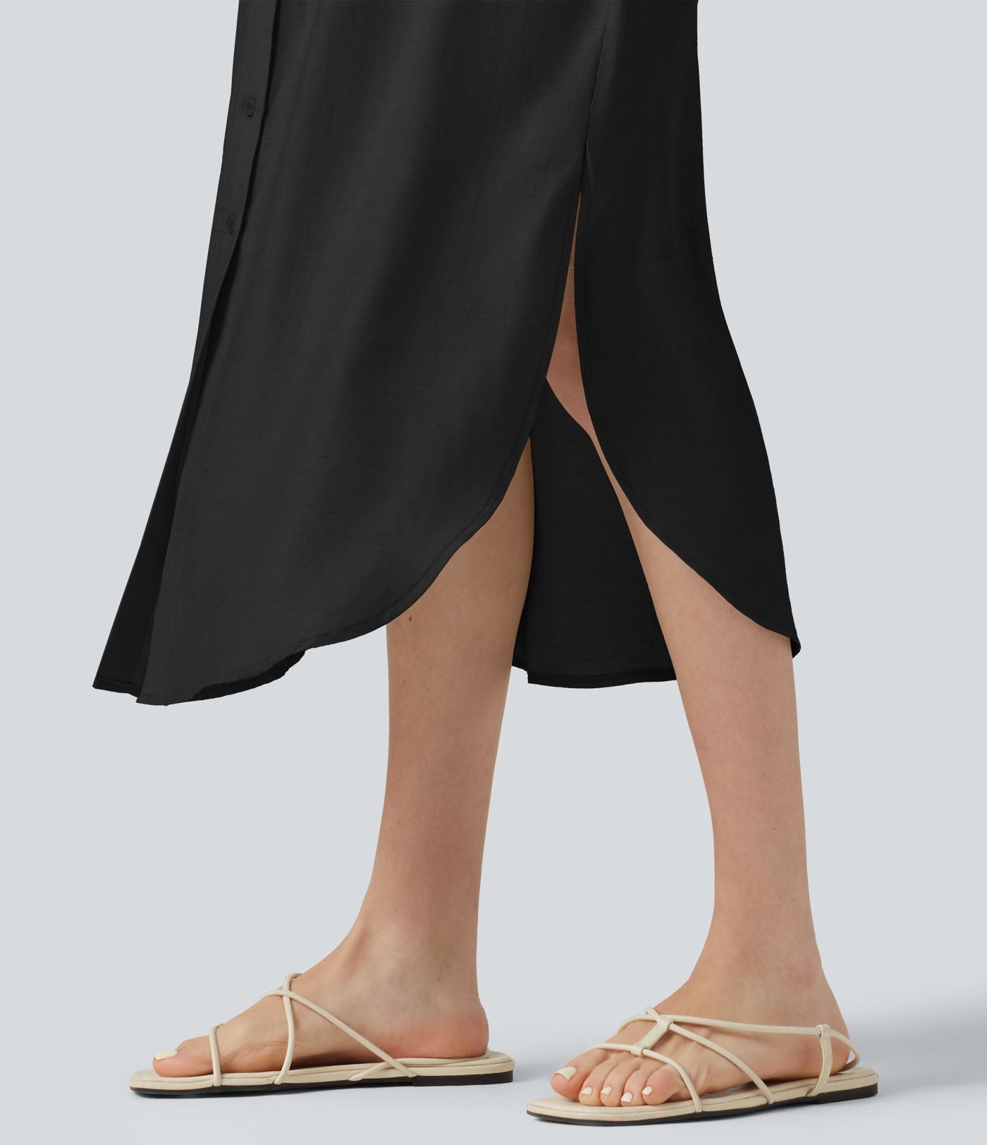 Robe chemise midi décontractée en mélange de lin, col classique, manches cape, ceinturée, ourlet arrondi fendu avec poches