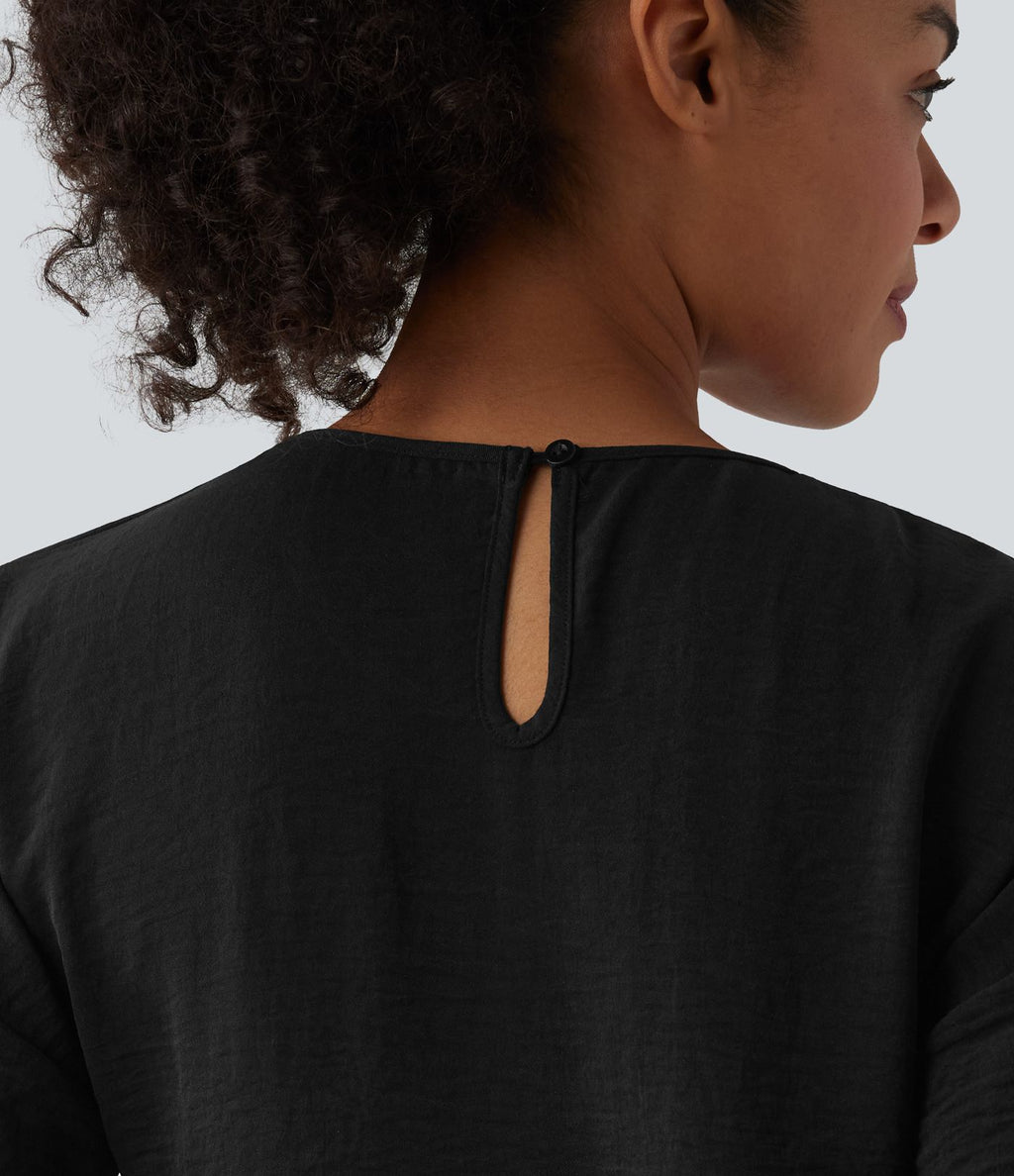 T-shirt décontracté col rond manches courtes ourlet à volants aspect lin