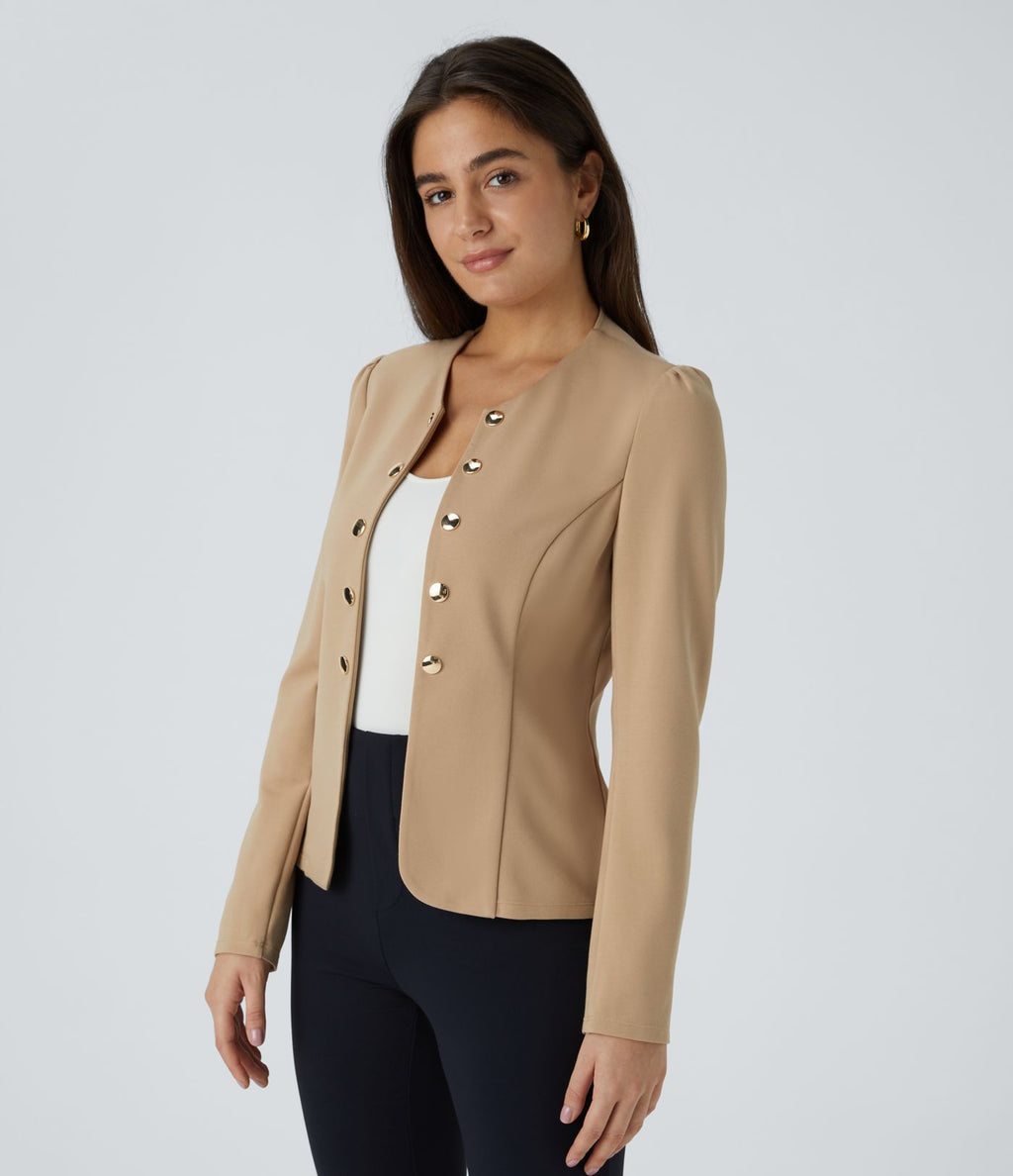 Blazer tailleur ajusté à col rond, manches longues avec boutons décoratifs
