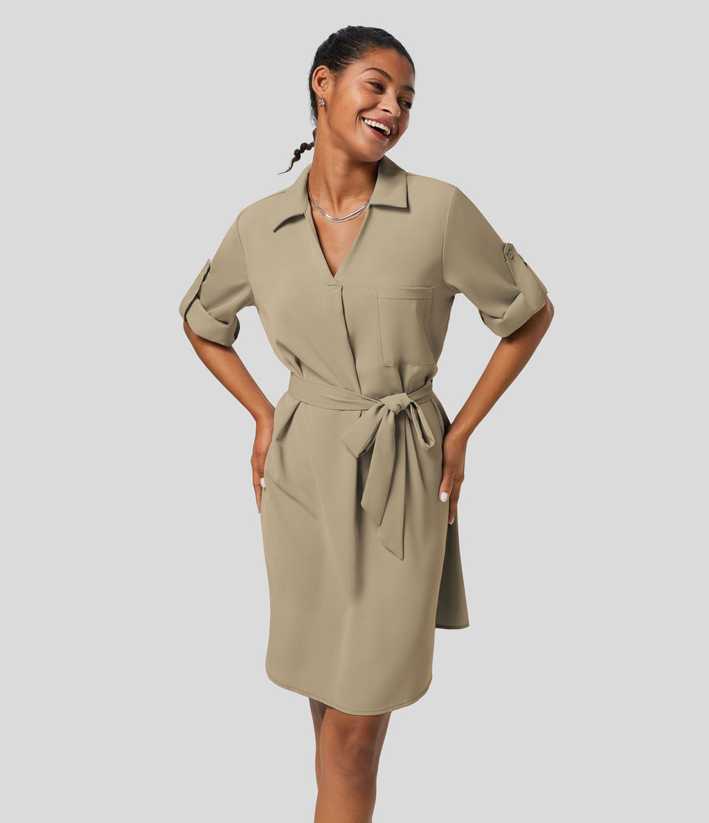 Robe-chemise décontractée à col, manches retroussables et ceinture