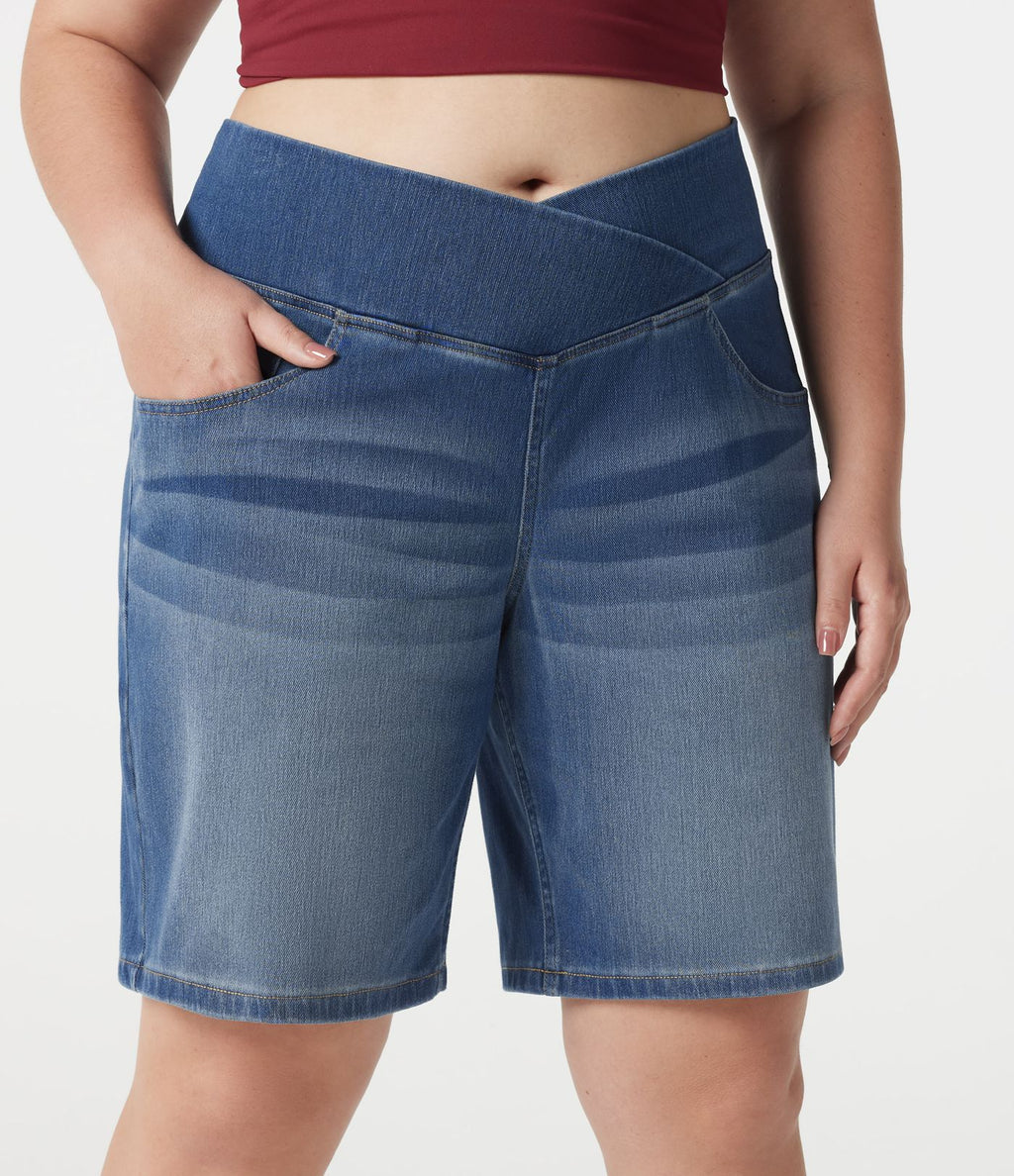 Short baggy grande taille en jean Halara Flex™ Denim taille haute croisée, effet ventre plat, avec poches