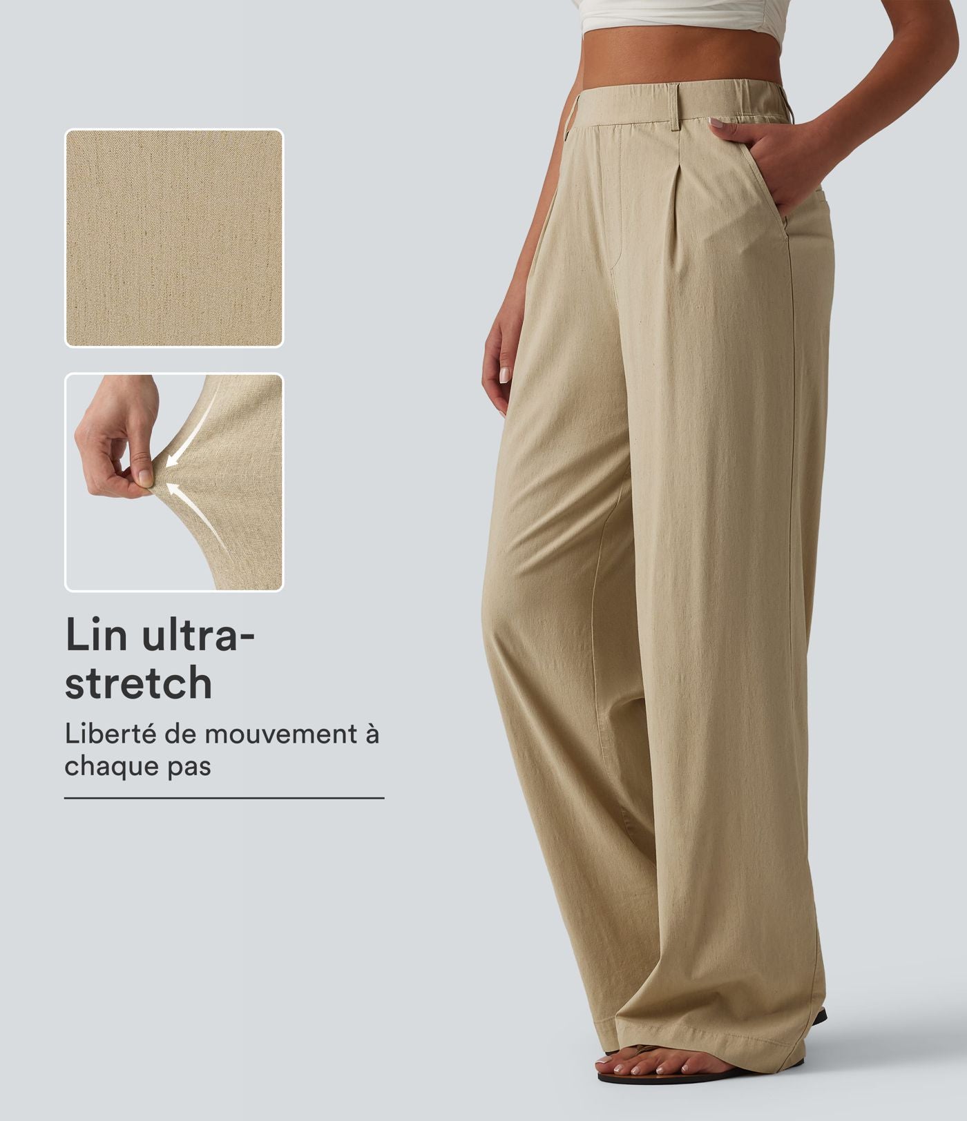 Pantalon taille haute casual en lin stretch coupe droite avec poches