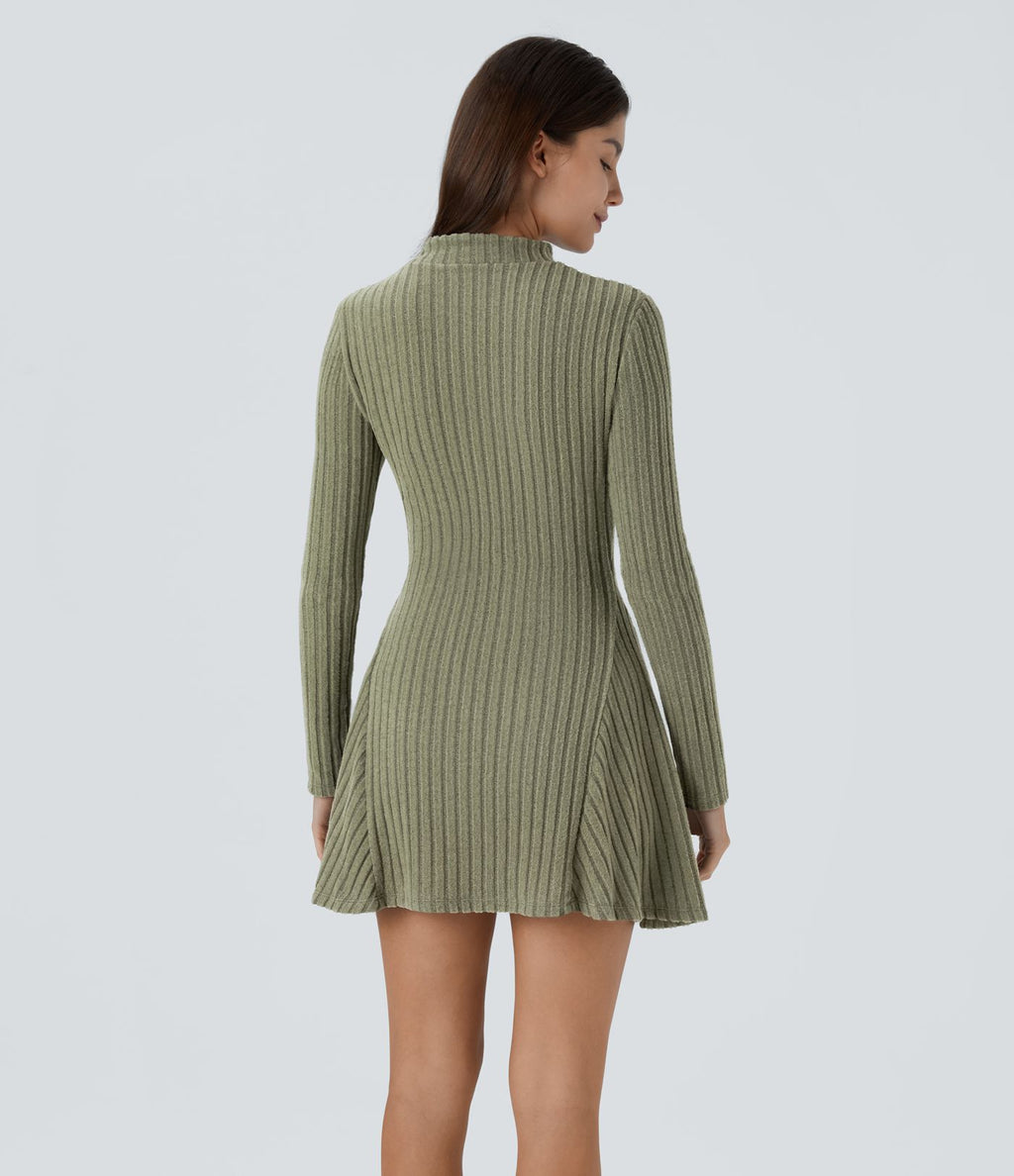Robe de courte décontractée en maille côtelée à col montant et manches longues