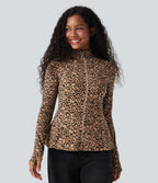 Veste décontractée Halara UltraSculpt™ imprimé léopard col montant manches longues avec trous pour pouces et poches