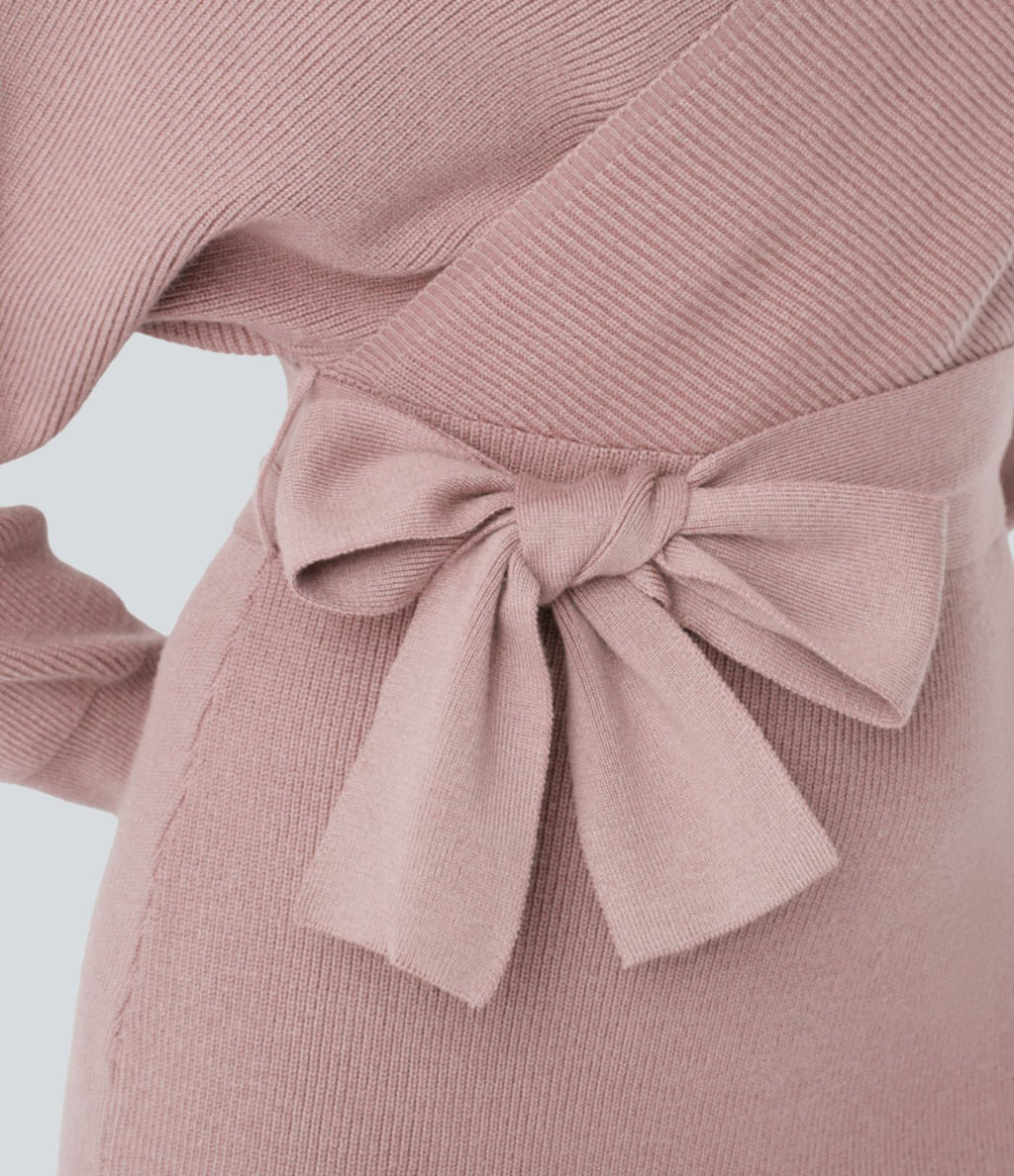 Robe-pull courte décontractée à col V croisé, manches chauve-souris longues et ceinture