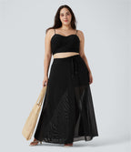 Jupe longue fluide grande taille 2-en-1 mesh contrastant taille haute avec cordon de serrage et poches