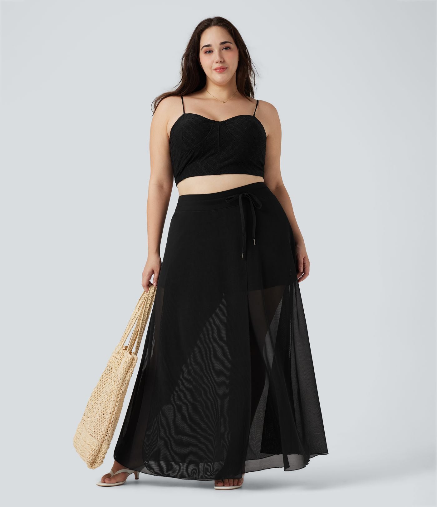 Jupe longue fluide grande taille 2-en-1 mesh contrastant taille haute avec cordon de serrage et poches