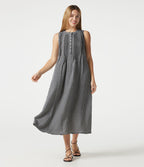 Robe casual midi à carreaux toucher lin col rond sans manches à poches