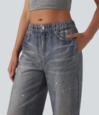 Jogging jean décontracté en molleton French Terry imprimé denim taille mi-haute avec poches